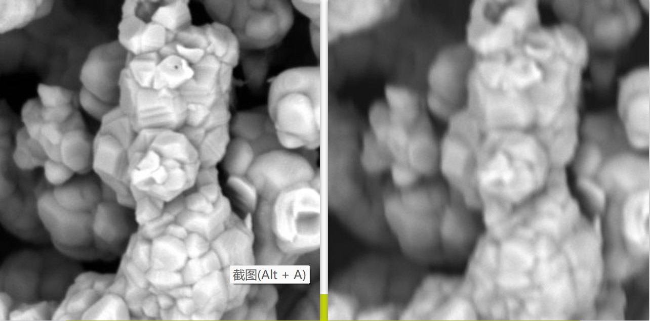 電極材料，掃描電鏡放大倍數(shù) 50000 倍，左邊圖像無(wú)像散，右邊圖片有像散