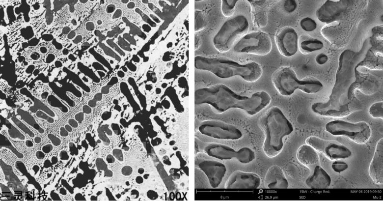 圖 1 金相樣品光學顯微鏡圖像 (左) 和掃描電鏡圖像 (右)